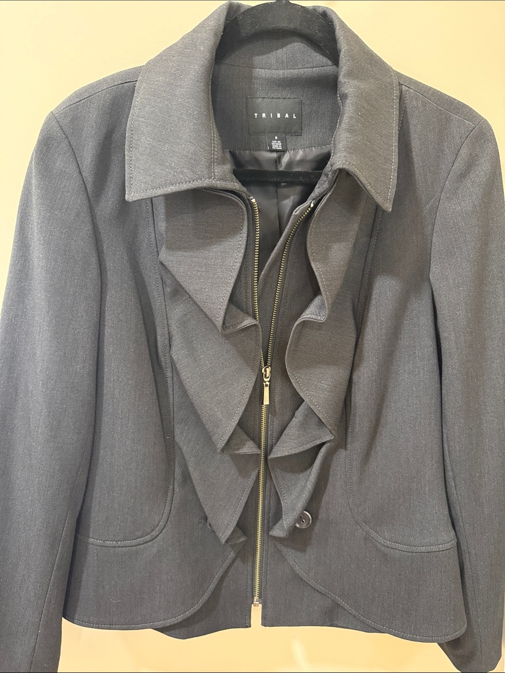 Tribal Gray Ruffle Front Zip Blazer